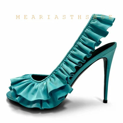 Solid Satin Ruffles Stiletto Sandals Women Elegant Back Strap Sweet Party Flower Shoes Ladies Open Toe Leopard Evening Sandals