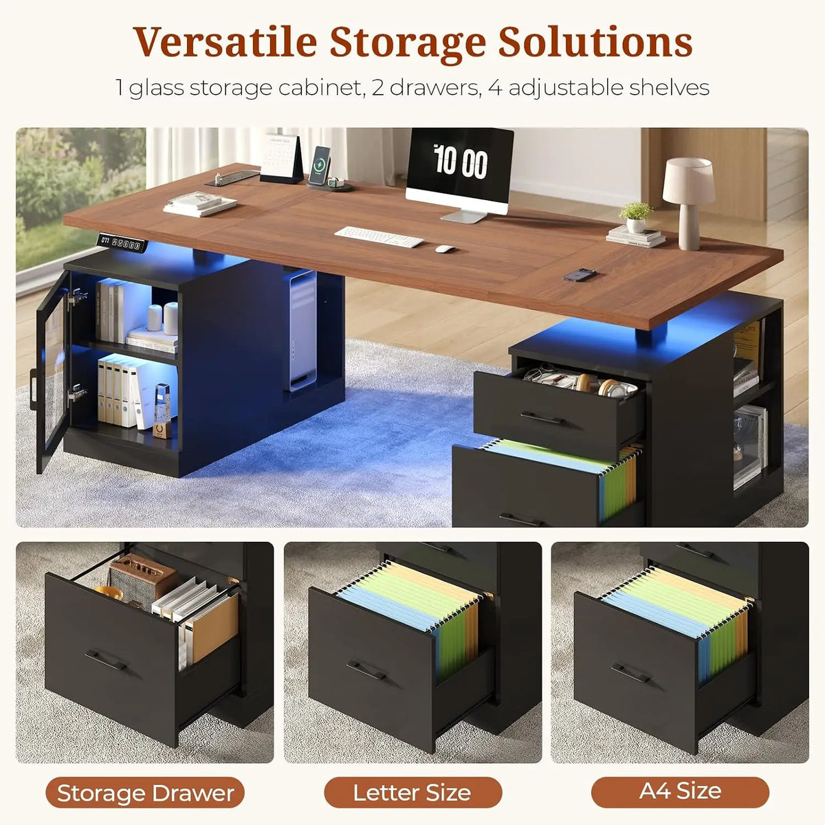 71 in Executive Standing Desk, Electric Height Adjustable Desk with Storage Drawers, Glass Cabinet, Shelves, Power, Customized