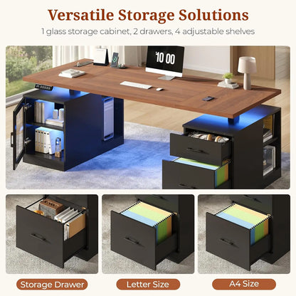 71 in Executive Standing Desk, Electric Height Adjustable Desk with Storage Drawers, Glass Cabinet, Shelves, Power, Customized