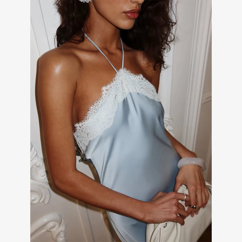 Sexy Blue Satin Lace Slip Mini Dress Women Spaghetti Strap V Neck Hollow Out Bodycon Dresses Lady Summer Beach Short Gown 2026