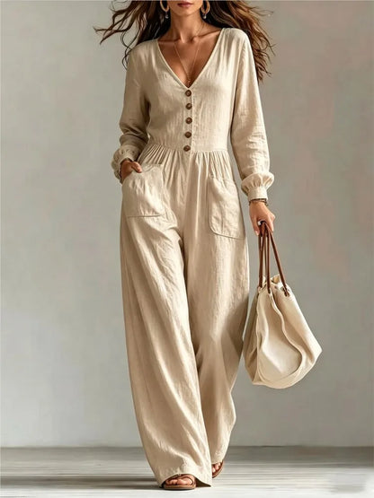 Women White Jumpsuit Deep V Neck Long Sleeve Button Front Wide Leg Rompers Casual Loose Pockets Overalls Vacation Beach Outfit