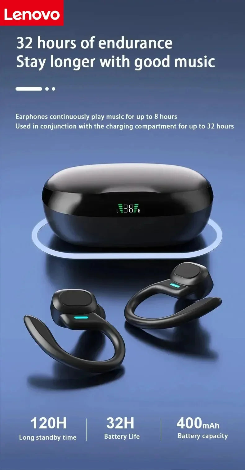 Lenovo Sports Wireless Headphones BT 5.3 over Ear Ture Buds with Earhooks Waterproof Sports Earphones Running in-Ear Headset