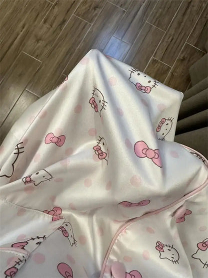 Sanrio New Pajamas 2Pcs Hello Kitty Polka Dots Pajamas Princess Style Female Autumn New Long Sleeves Dormitory Home Clothing Set