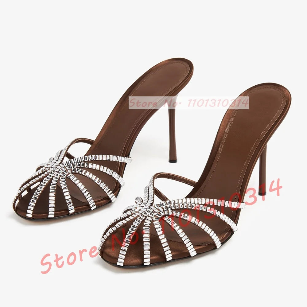 Gemstone High Heel Silk Slippers Women Luxury Caged Stiletto Heels Metallic Slippers Ladies Stylish Cross Strap Summer Shoes