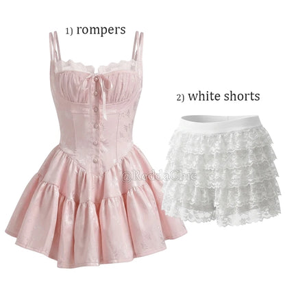 ReddaChic Summer Mini Pink Dress Floral Satin Rompers Cutecore Lace Stitch Spaghetti Strap Corset Dress Coquette Women Clothes