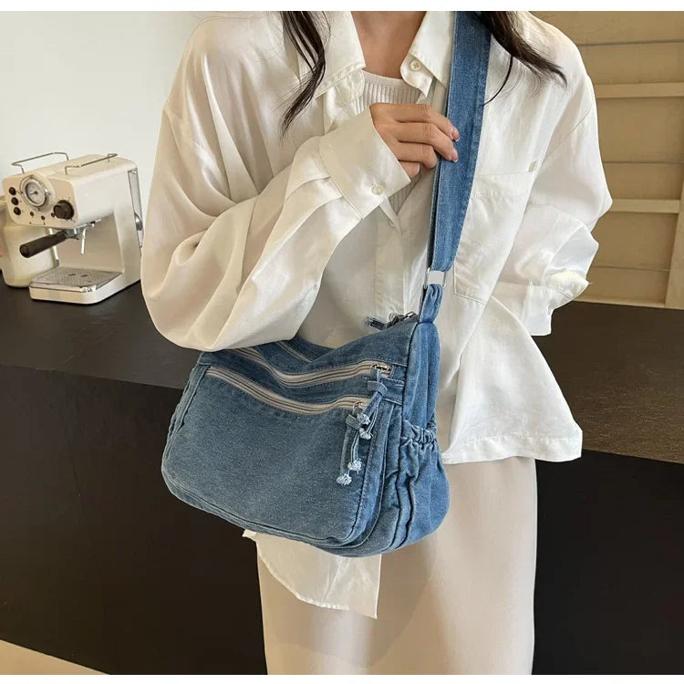 Vintage Denim Women's Shoulder Bag Large Capacity Messenger Bag Multi-pockets Satchel Bags Adjustable Strap Ladies Crossbody Bag