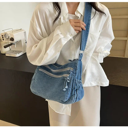 Vintage Denim Women's Shoulder Bag Large Capacity Messenger Bag Multi-pockets Satchel Bags Adjustable Strap Ladies Crossbody Bag