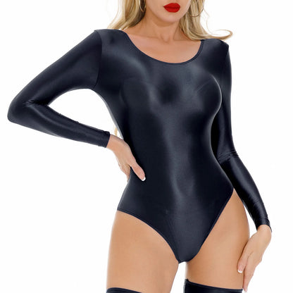 Women's Swimsuit One Piece Swimwear Oil Glossy Stretchy Gym Fitness Long Sleeve Round Neck Tights Leotard Bodysuit Clubwear
