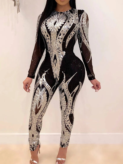 Sexy Long sleeve Sequin bodycon jumpsuit women body bodysuit one piece birthday party nightclub outfits womens jumpsuits overall