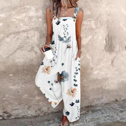 Summer Woman Jumpsuit Floral Print Romper Wide Leg Pants Overalls Black Backless Strap Jumpsuits Women's Casual Loose Fit