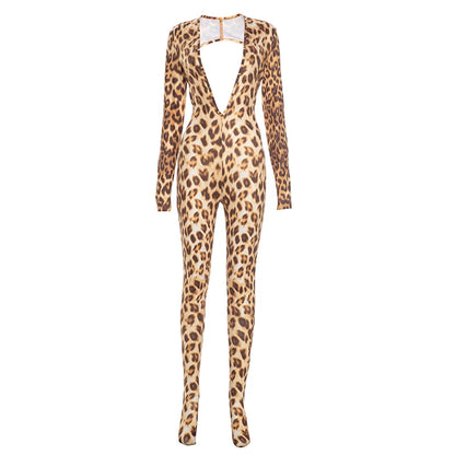 Leopard Print Jumpsuits Woman Deep V-Neck Cleavage Backless Full Sleeve Skinny Peach Hip Hot Girls Street Sexy Overalls