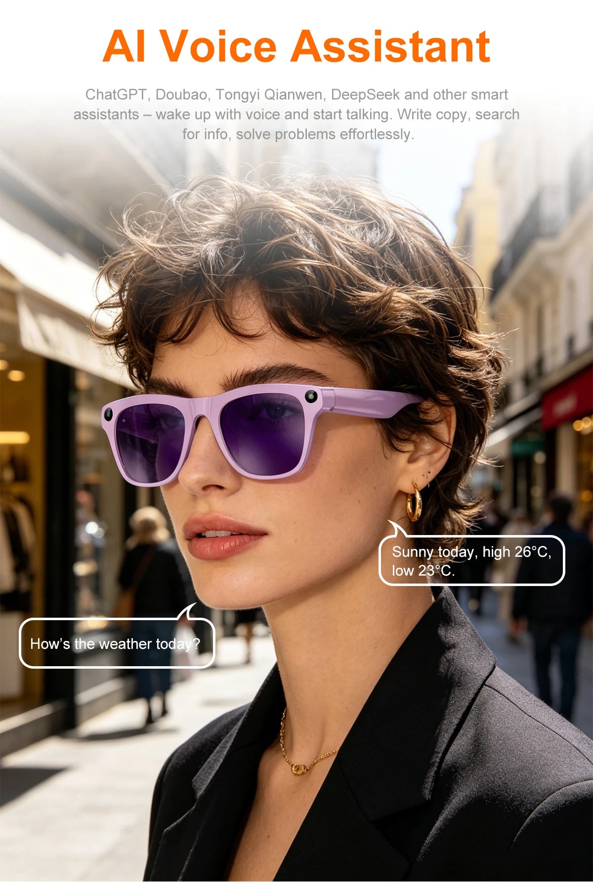 AI Smart Shooting Glasses with 8MP HD Camera AI Translation Bluetooth Call Video Record Music Playback Multi-functional Fashion