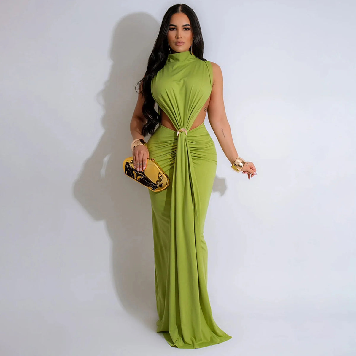 CM.YAYA Women O-neck High Split Ruched Stacked Bodycon Midi Maxi Dress 2024 Evening Party Club Vestidos Sexy Chic Long Dresses