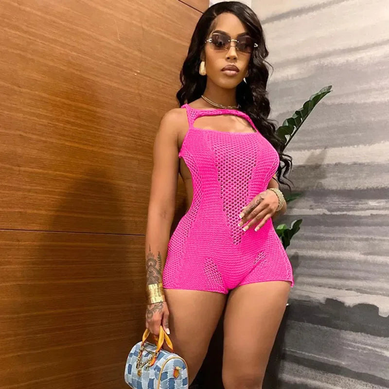 Sexy Hollow Out Knitted Party Playsuit Women Rompers and Jumpsuits Open Back Sleeveless Skinny Beach Outfits Combinaison Short