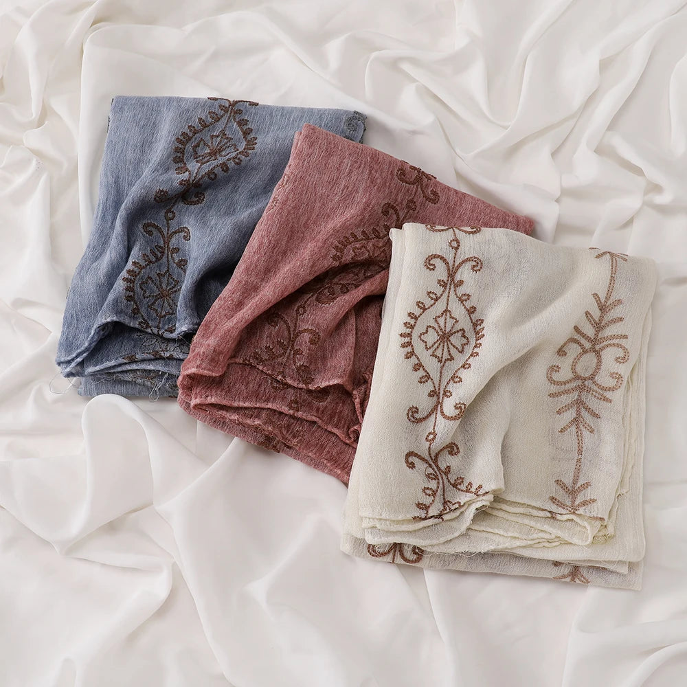 Vintage Crinkle Embroidery Hijab Textured Fabric Muslim Shawl Headscarf Soft Breathable Islamic Women Head Wrap Scarf