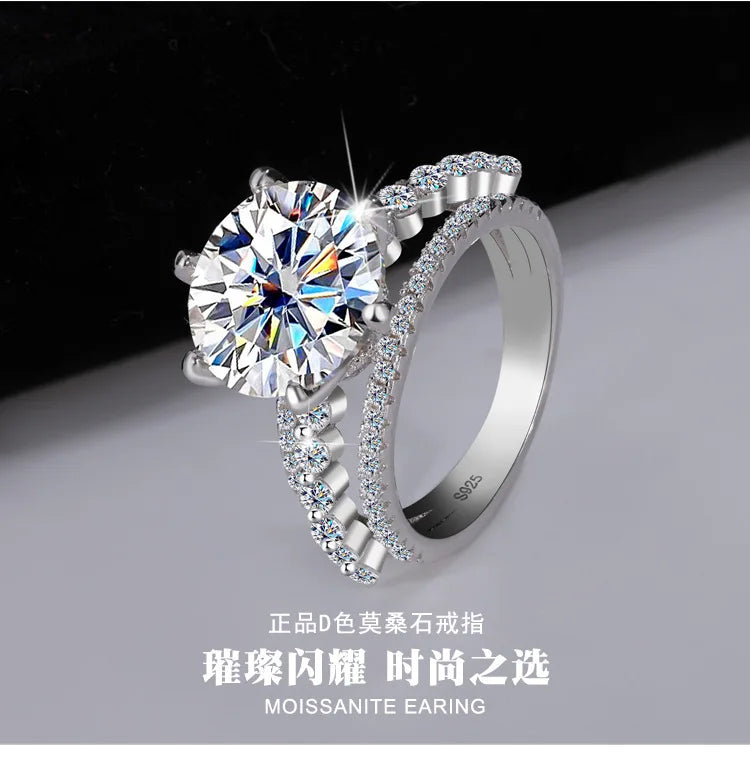 Classic Six-Claw PT950 Platinum Ring Set for Women, 5 Carat Moissanite, Sansheng Sanshi (Three Lives Three Worlds) Style