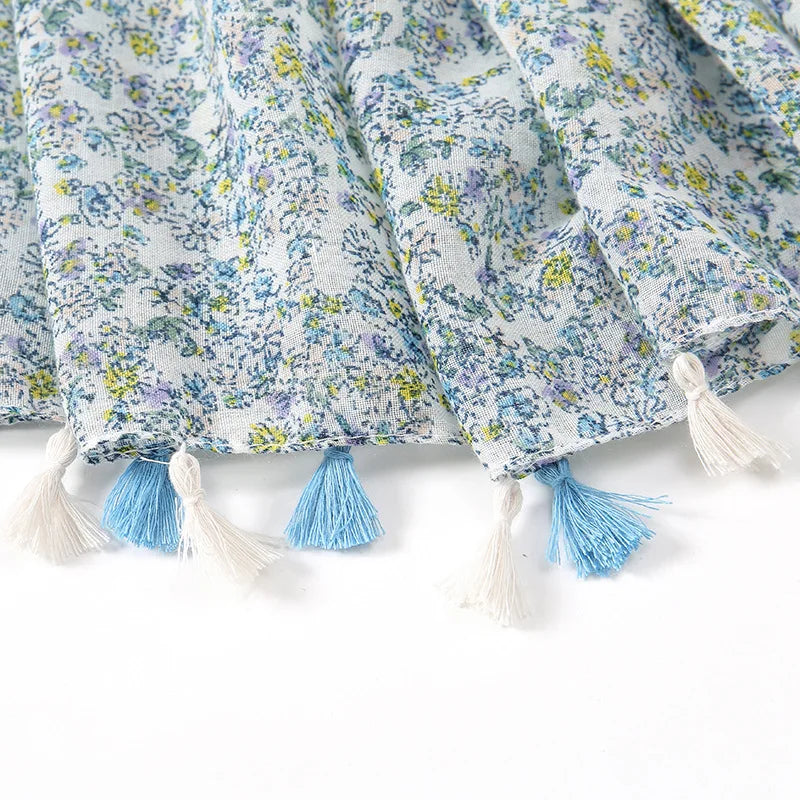 2025 Japanese Boho Linen Scarf: Vintage Floral Print Patchwork Shawl - Sun Protection Fringe Wrap Women