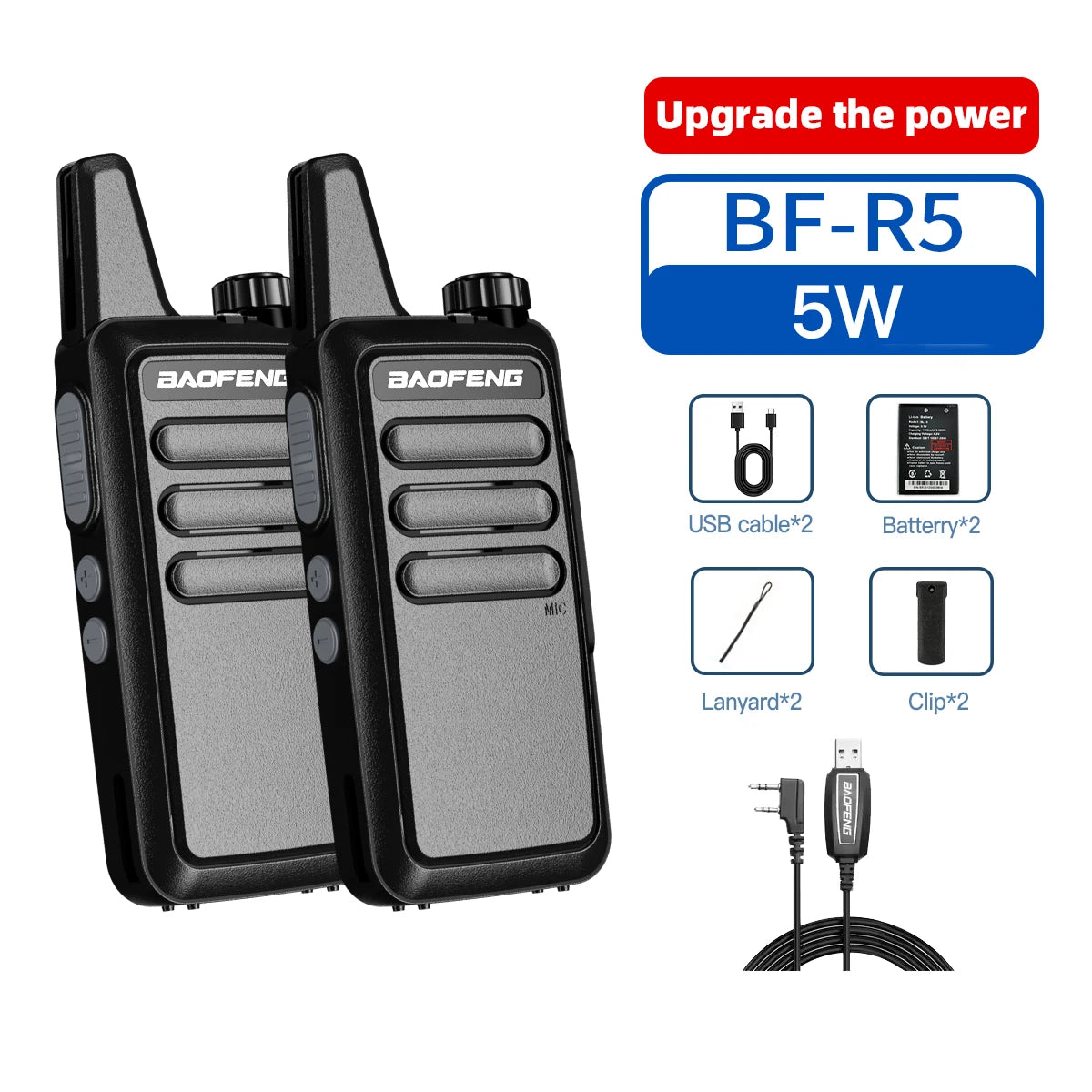2Pcs Baofeng BF-5R Portable Handheld Walkie Talkie FM Radio VHF/UHF Dual Band 5W Transceiver for Construction Camping