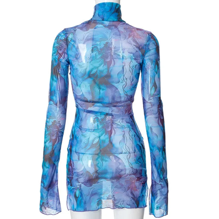 Flare Sleeve Color Printing Bodycon Dress Mini Women Clothing Turtleneck Sexy Streetwear High Waist Fashion One-Pieces Outfits