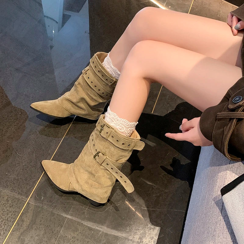2025 Pointed Toe Women's Winter Boots Designer Mid Heels Elegant Shoes Pumps Fashion Boots New Trend Dress Gothic Ladies Boots