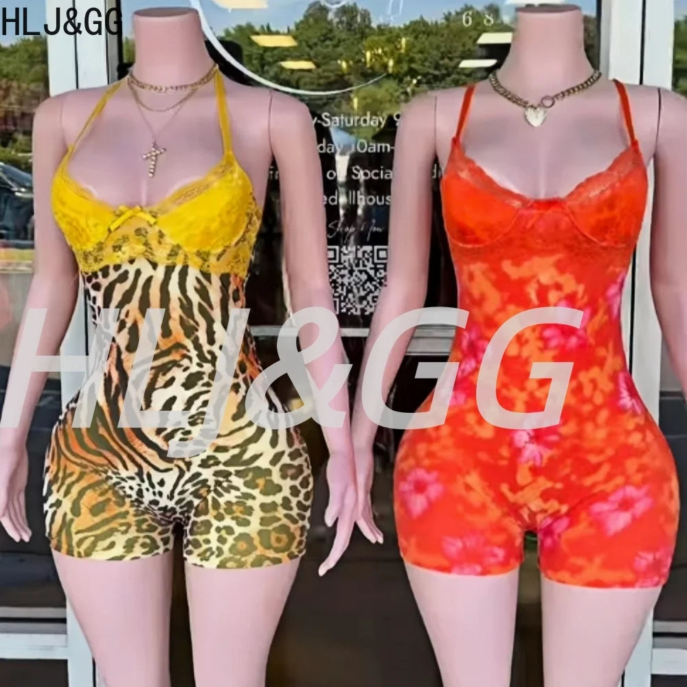 HLJ&GG Vintage Flowers Print Mesh Spaghetti Strap Bodycon One Piece Rompers Women V Neck Sleeveless Jumpsuits Fashion Overalls