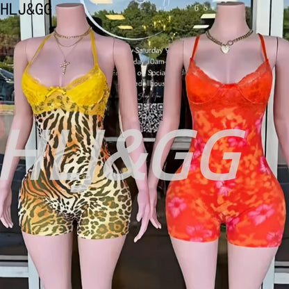 HLJ&GG Vintage Flowers Print Mesh Spaghetti Strap Bodycon One Piece Rompers Women V Neck Sleeveless Jumpsuits Fashion Overalls