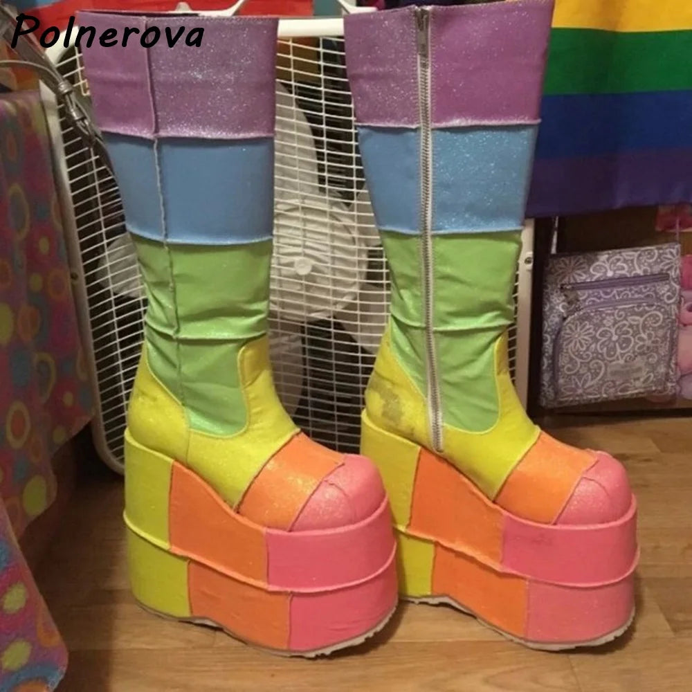 Double Platform Knee High Boots Rainbow Patchwork Round Toe Thick Soled Women's Shoes Women's Fashion Sexy Leather Winter Boots