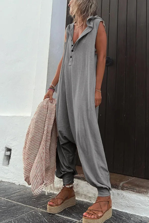 Fashionable Sleeveless Hooded Collar Jumpsuit Women Spring Summer Button Pocket Loose Casual Baggy Pants Jumpsuits Female