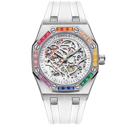 ONOLA 3834 Luxury Diamond Set Design Men's Automatic Mechanical Watch Fashion Hollow Sports Silicone Strap Watches for Man