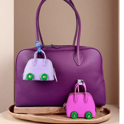 Leather Mini Bag Charm With Cute Wheels - Earphones & Lipstick Pouch with Dual Straps-PU Leather-Ideal For Bag Accessory