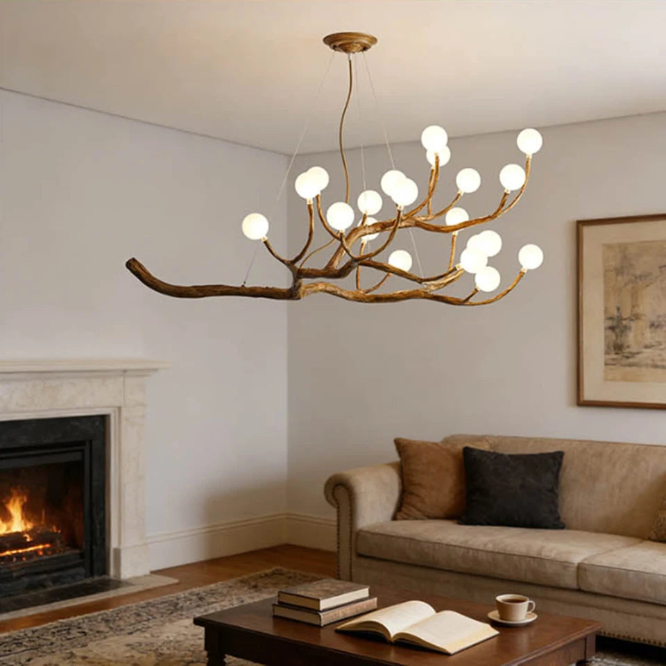 Retro Resin Tree Branch Chandeliers Frosted Glass Bubble LED Pendant Lamp for Living Dining Room Home Decor suspension luminaire