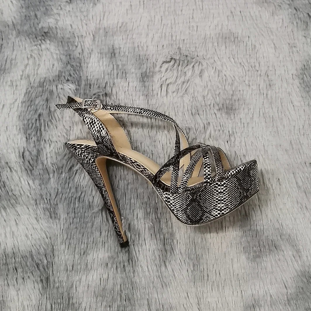 Women Sandals Catwalk Shows 14CM Open Toe Platform High Heels Snake Pattern Stilettos Sexy Ankle Strap Gladiator Party Shoes