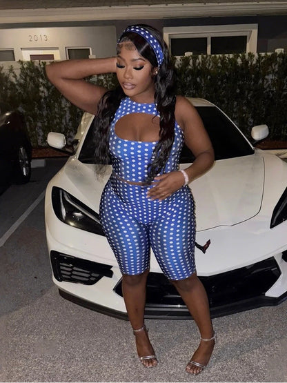 Weird Puss Sexy Hollow 2Piece Set Woman Polka Dot Print O-Neck Crop Tops+Skinny Stretch Shorts Hot Girl High Street Fashion Suit
