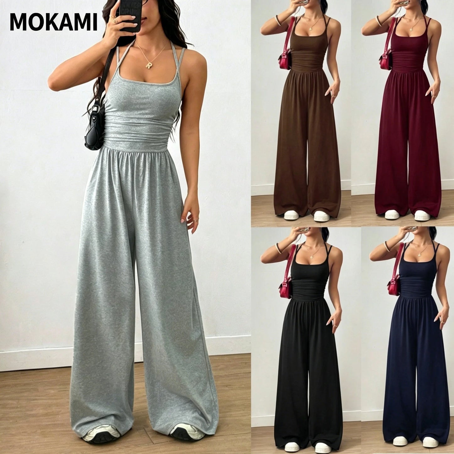 Women's Casual Summer Wide Leg Jumpsuit Strap Wrap Chest Waist Cinched One-Piece Suit Comfortable Loose Fit Overall Dress