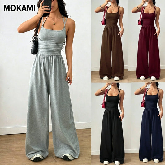 Women's Casual Summer Wide Leg Jumpsuit Strap Wrap Chest Waist Cinched One-Piece Suit Comfortable Loose Fit Overall Dress