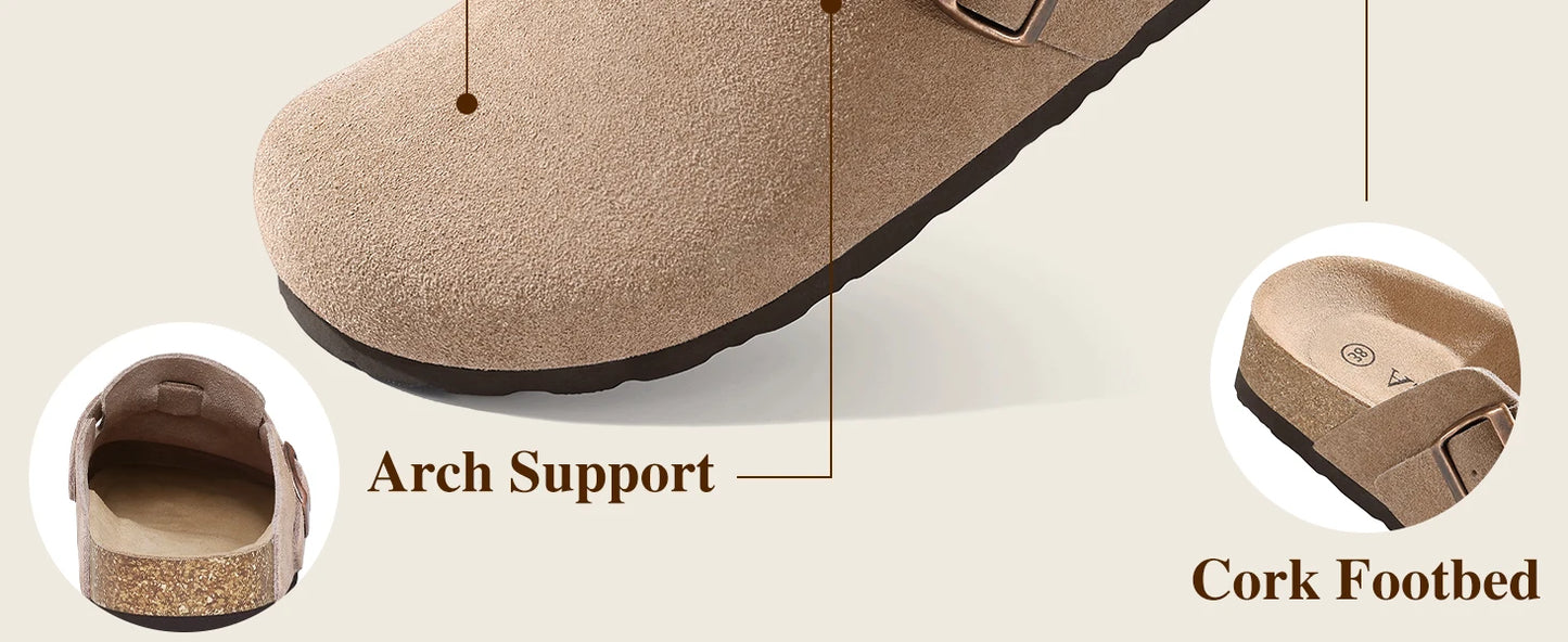 Asgard Women Suede Clogs Genuine Leather Mules Adjustable Buckle with Comfort Cork Footbed and Arch Support Aldult Potato Shoes