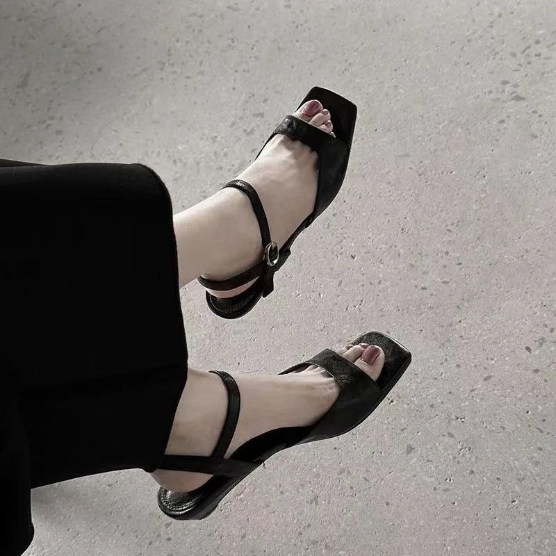 2026 Summer Women's Low Heel Sandals - Fashion Leather Material Suitable for Office Wear and Casual Outdoor Shoes Sizes 35 - 42
