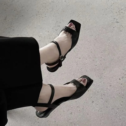 2026 Summer Women's Low Heel Sandals - Fashion Leather Material Suitable for Office Wear and Casual Outdoor Shoes Sizes 35 - 42