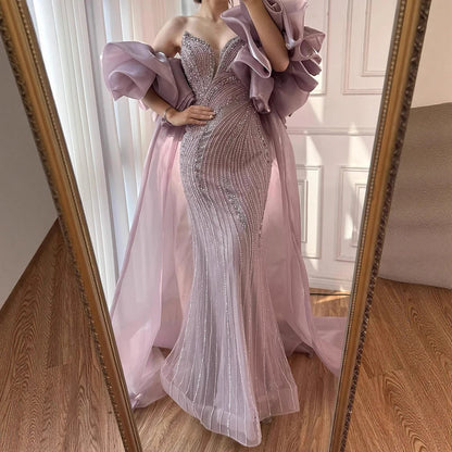 SERENE Hill 2026 Luxury Dubai Nude Strapless Mermaid Beaded Evening Dress with Detachable Sleeve Party Gown GLA72896 Customized