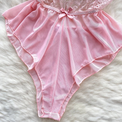 Women Floral Lace Mesh Strappy Bodysuit Fashion Hollow Sexy Comfortable Catsuit One Piece Tights Transparent Onesie