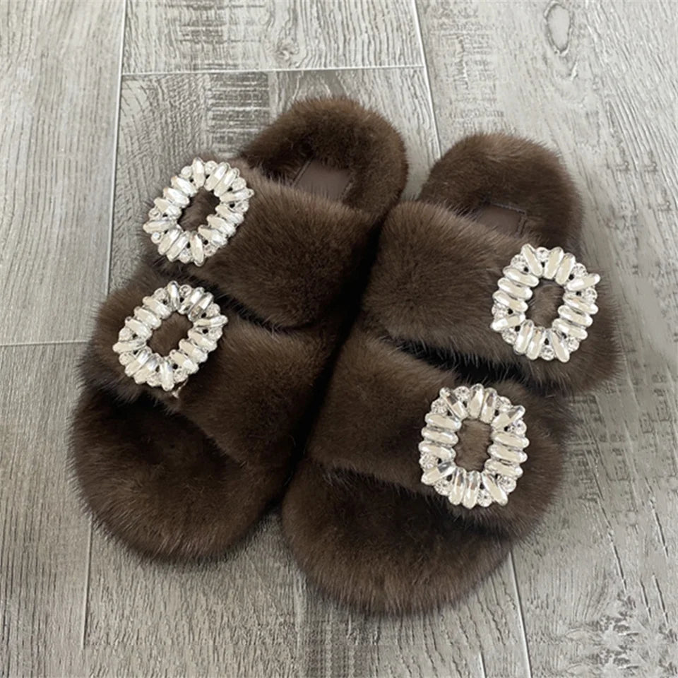2025 New Women Fur Slippers Shoes Women Warm Winter Crystal Fur Shoes For Women Slippers Casual Plush Comfortable Mink Slippers