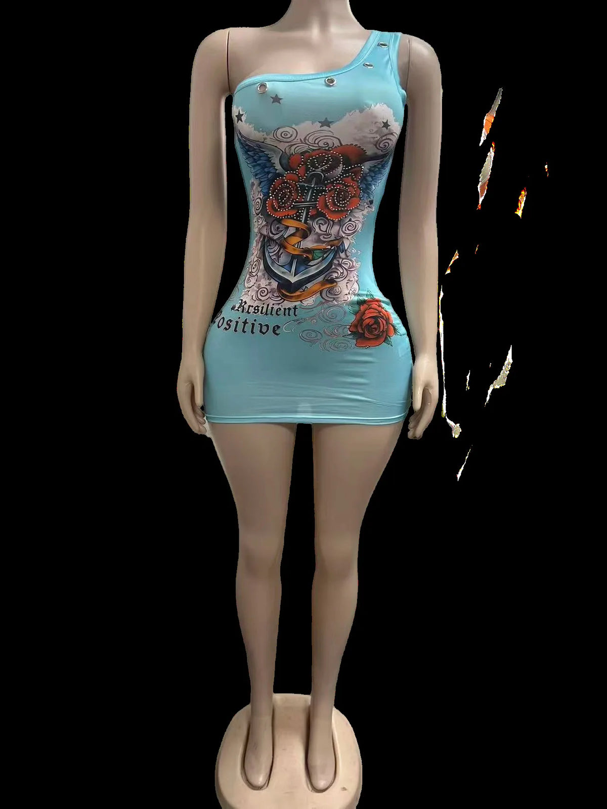 Stylish Lady Retro Tattoo Graphic Print One Shoulder Mini Dresses 2026 Women Eyelet Decor Rhinestone Bodycon Party Club Dress