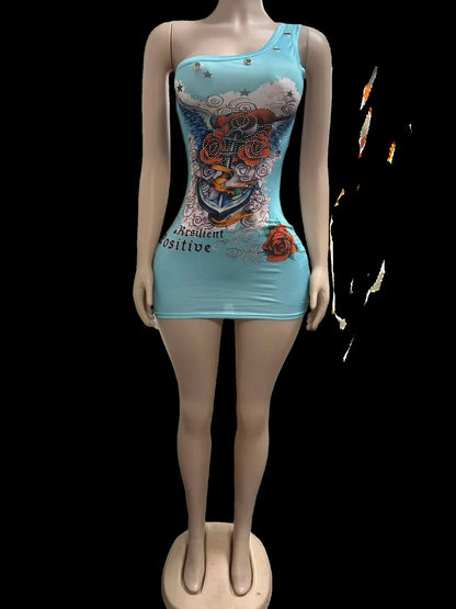Stylish Lady Retro Tattoo Graphic Print One Shoulder Mini Dresses 2026 Women Eyelet Decor Rhinestone Bodycon Party Club Dress