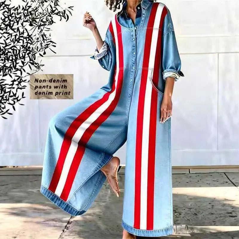 Red Heart Print Wide Leg Jumpsuits Woman Turn-down Collar Button Shirt Rompers Spring Long Sleeve Loose Imitation Denim Overalls