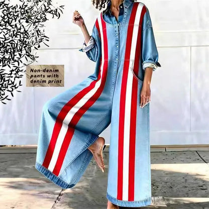 Red Heart Print Wide Leg Jumpsuits Woman Turn-down Collar Button Shirt Rompers Spring Long Sleeve Loose Imitation Denim Overalls
