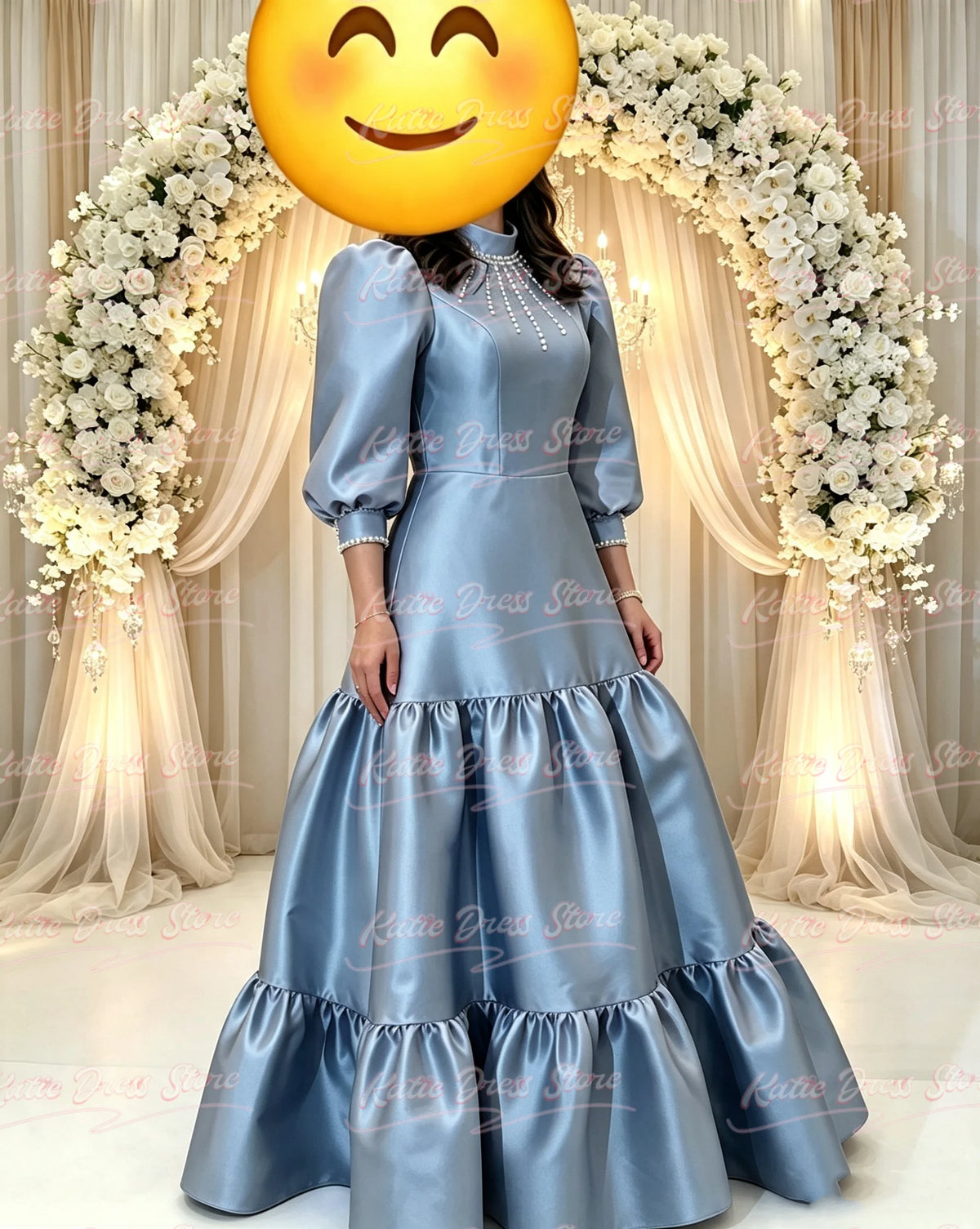 Satin Bridesmaid Dress For Women Balloon Sleeve A-line High Neck WIth Pearls Birthday Party Evening Ball Gown Customized