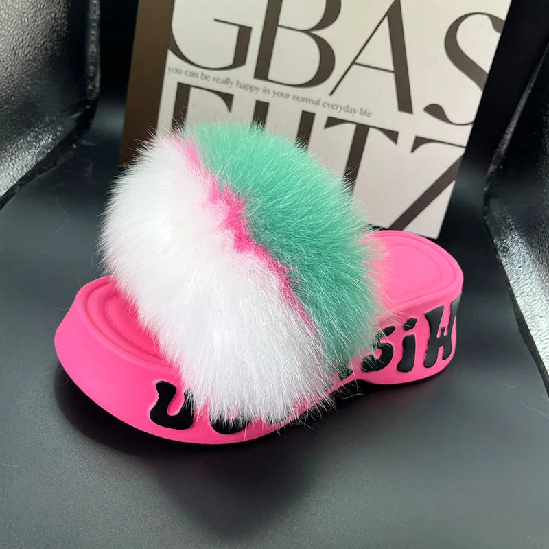 Real Fox Fur Slippers for Woman Luxury 2025 Slippers Summer Woman Sandals Thick Sole Pink Fur Slippers Fluffy Slides for Woman
