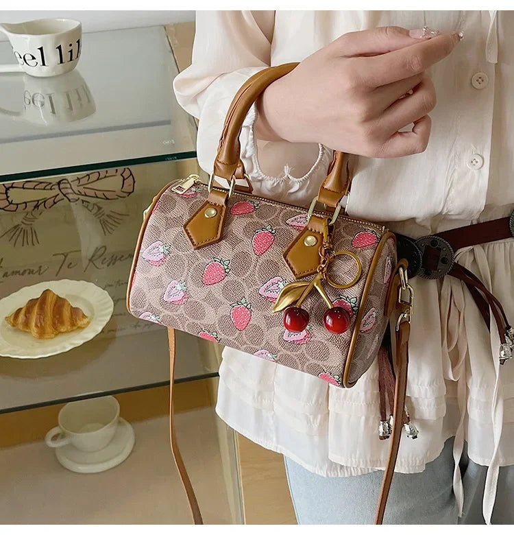 2026 Luxury Designers Crossbody Bags Cherry Pattern PU Leather Boston Handbag Shoulder Bags Bolsos Mujer Bags Woman Tote Bag