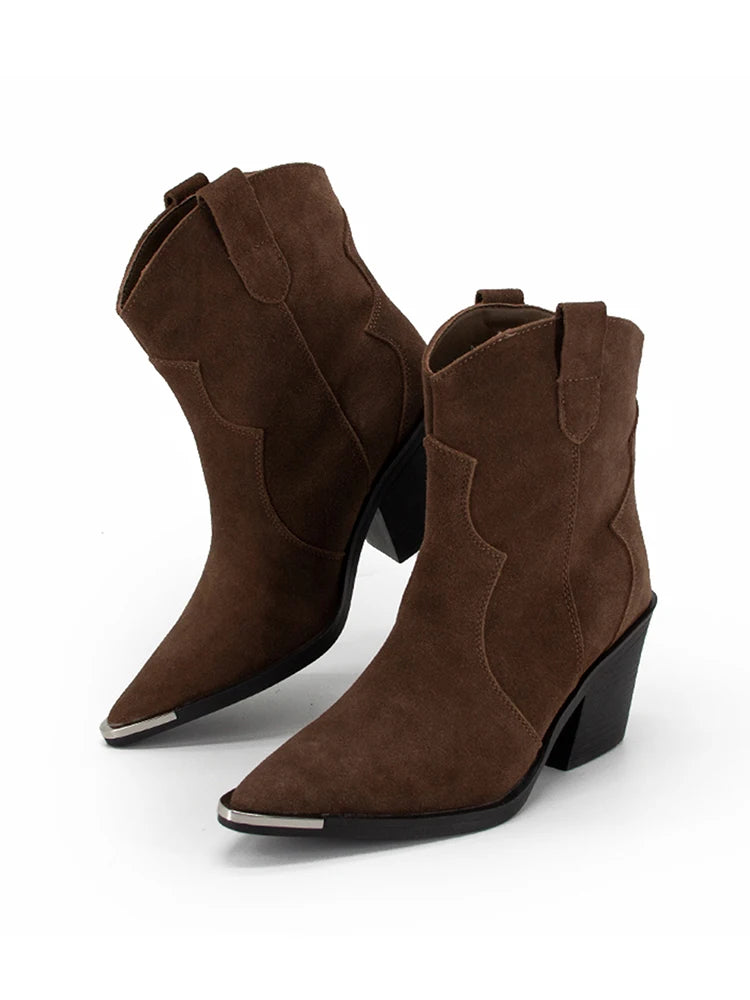 GMQM 2025 Women's Comfort Ankle Booties Brown Cowboy Western Boots Metal Heels Block Wide Calf Pointed Toe Slip On Casual Shoes