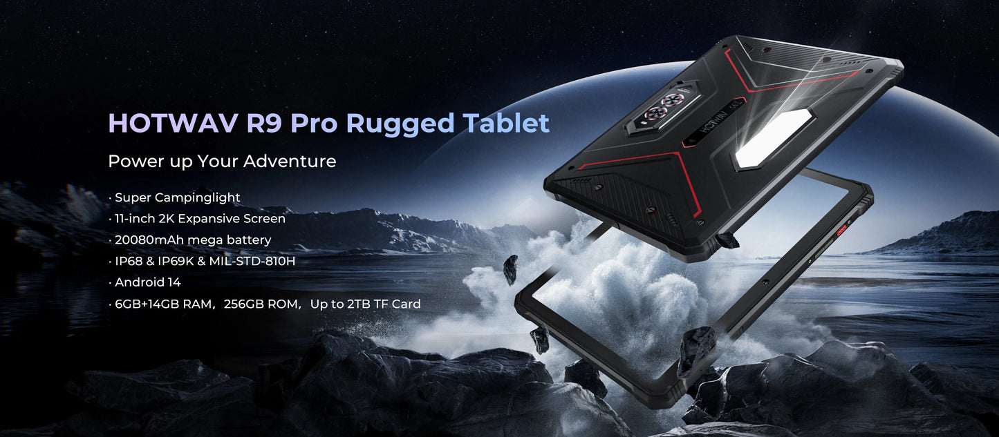 HOTWAV R9 Pro Global Dual 4G Rugged Tablet 11'' FHD+ 2K Large Display 20080mAh Massive Battery 20W Fast Charging Pad Android 14 6GB RAM 256GB ROM/2TB Expansion 64MP+16MP Camera Global 4G Tablet PC With Super Camping Light